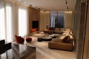 Esnad villa living area with fireplace