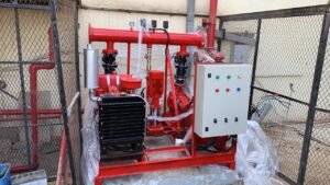 Fire fighting system installation with red pump setup