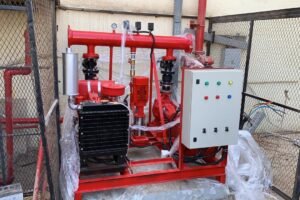 Fire fighting system installation with red pump setup