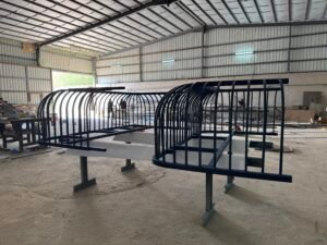 Steel fabrication units arranged in warehouse