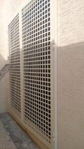 High-rise building facade with geometric window pattern