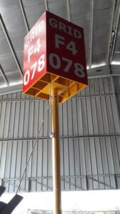 Overhead hazard signage with numbered zone marking