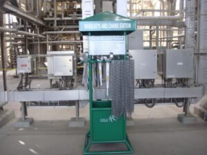 wheelkeys and chain station inside factory facility.