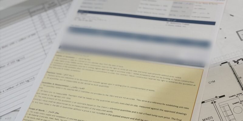 Contractor quotation from Falcon Construction with its detailed terms, on villa drawings in Jeddah